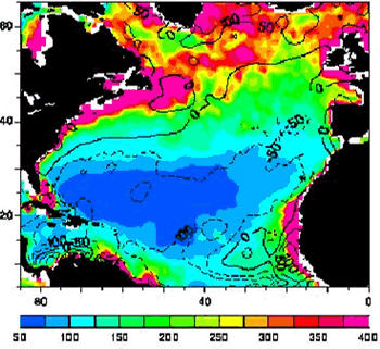 Satellite based estimates of primary productivity (mol C m-2 y-1) from Sathyendranath et al. (1995) together with contours of vertical velocity at 100 m (m/y)