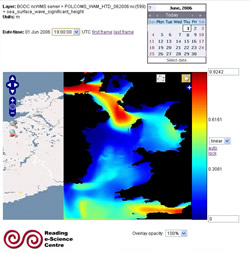 A visualisation of significant wave height (m) at 19:00 hours on 01 June 2006. Imagery from the CoFEE project POLCOMS_WAM_HTD model run.