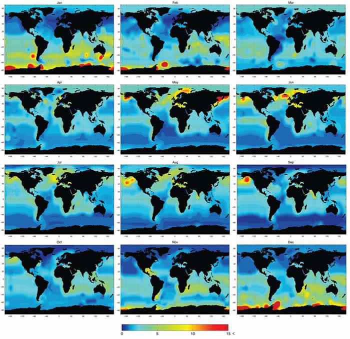 Plots of DMS climatology using updated DMS database of 47,250 measurements and Longhurst’s classification of provinces (Courtesy Lana et al., 2010).